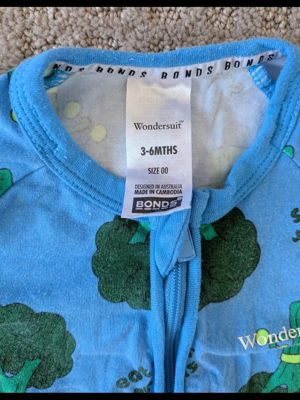 Bonds Blue Wondersuit with Green Broccoli Print 3-6 Months